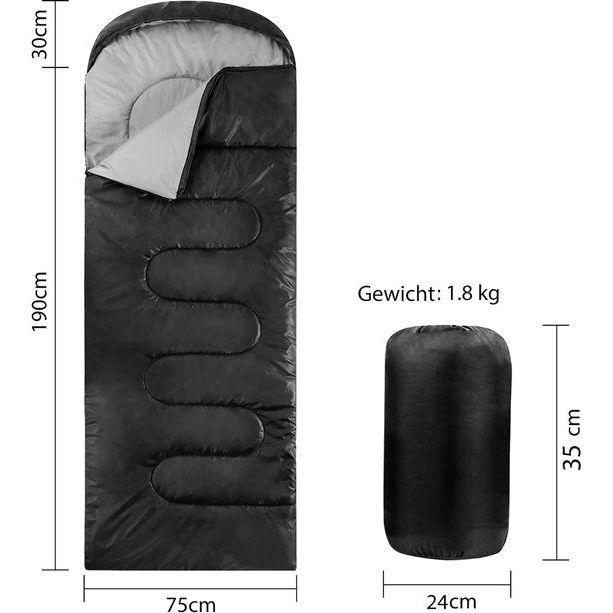 Slaapzak, 1,8 kg, voor alle seizoenen, -8 °C - 20 °C, winterslaapzak (220 x 75 cm), lichtgewicht, waterdicht en warm, voor volwassenen, rugzakreizen, wandelen en reizen, zwart