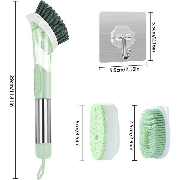 Afwasborstel 3-in-1 multifunctionele reinigingsborstel Afwasborstel met afwasmiddel Verwisselbare afwasborstelset Zeepdispenserborstel voor gootsteenpan (groen)