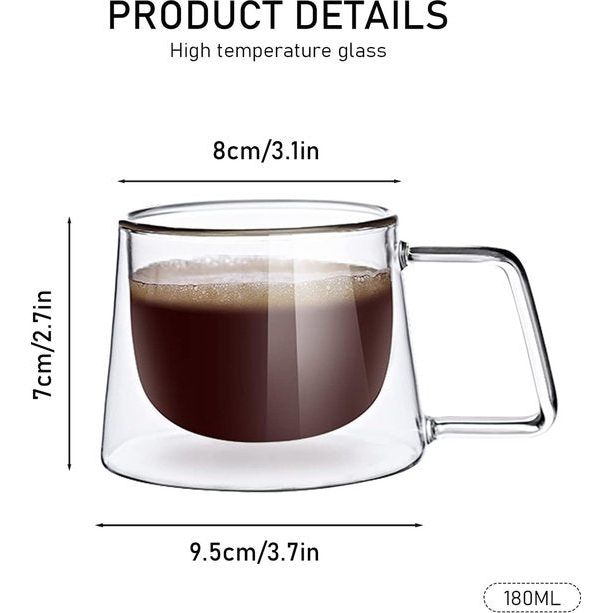 2 x 200 ml latte macchiato-glazen, dubbelwandig geïsoleerd glas, espressokopje, koffieglas, theeglazen met handvat, voor cappuccino, thee, melk, bier