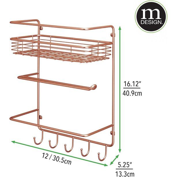 Praktische papierrolhouder - Veelzijdige metalen wandplank voor keuken en voorraadkast - met diepe draadmand en 5 haken - Koper