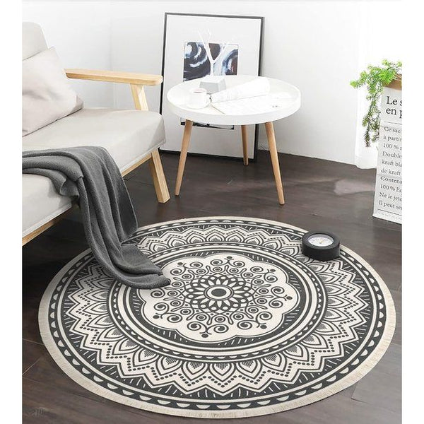 120 cm rond tapijt, katoenen tapijt met kwastjes, wasbaar mandala-bedrukt tapijt, Boheems Marokko, modern tapijt voor slaapkamer, woonkamer, keuken