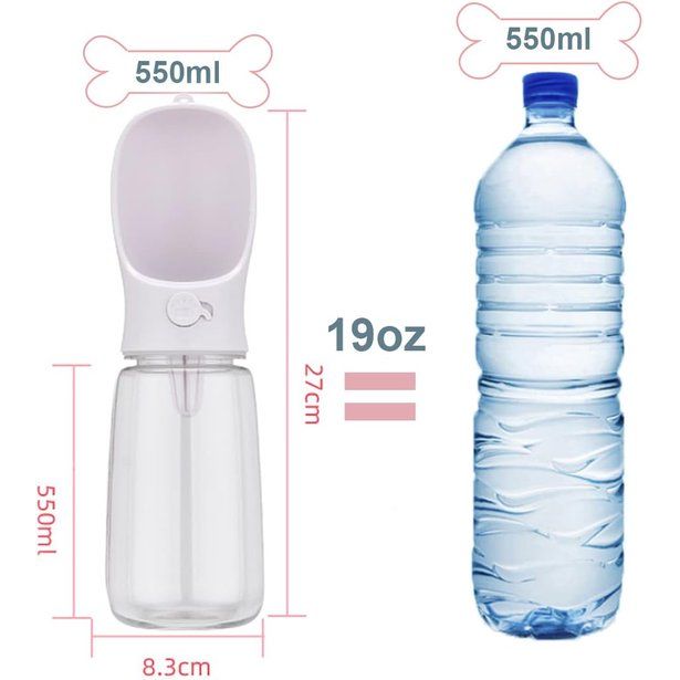Hondenwaterfles voor honden onderweg, 550 ml draagbare hondenwaterfles met 100 ml hondenvoerfles, plastic reisfles voor honden, klein – wit
