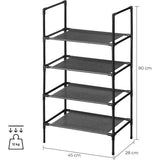 Schoenenrek, 4 niveaus, schoenenopslag, smal, 28 x 45 x 80 cm, metalen frame, planken van vliesstof, voor hal, slaapkamer, zwart