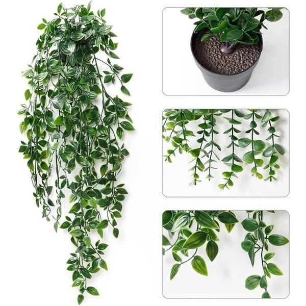 2 stuks kunstmatige hangplanten met potten, 50 cm lange kunstmatige klimopranken, eucalyptusbladeren, mandala, groene potplanten voor thuis, binnen en buiten, decoratie