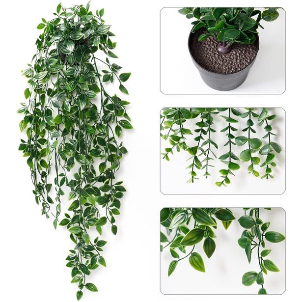 2 stuks kunstmatige hangplanten met potten, 50 cm lange kunstmatige klimopranken, eucalyptusbladeren, mandala, groene potplanten voor thuis, binnen en buiten, decoratie