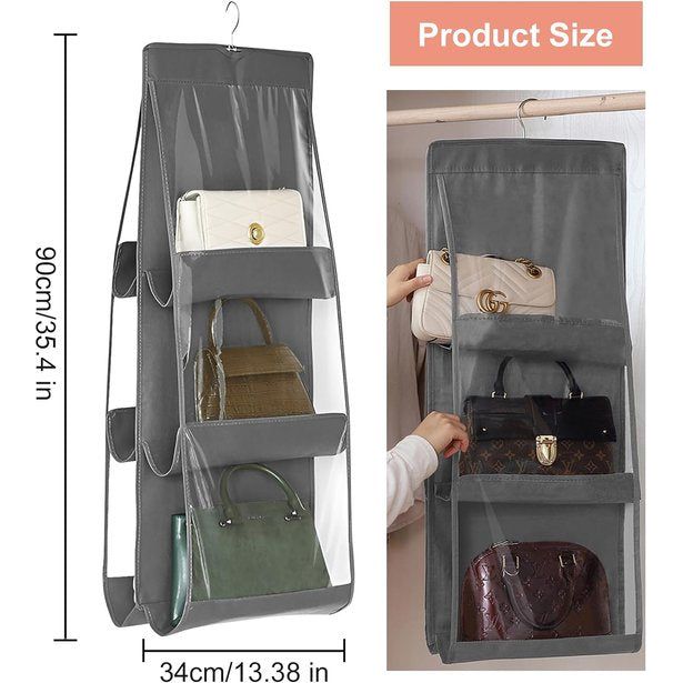 2 stuks handtasopberger, handtasorganizer hangend met 6 compartimenten, opvouwbare kledingkast handtasplank, tassenhouder voor tassen woonkamer, slaapkamer, huis, grijs/wit