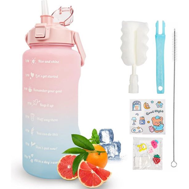 Drinkfles, 2 l, 2 liter, drinkfles met rietje, BPA-vrije waterfles, 2 liter met tijdmarkering, lekvrij, sportfles, drinkfles, sport voor fitness, camping, yoga, reizen (rozeblauw)