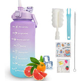 Drinkfles, 2 l, 2 liter, drinkfles met rietje, BPA-vrije waterfles, 2 liter met tijdmarkering, lekvrij, sportfles, drinkfles, sport voor fitness, camping, yoga (paars-blauw)