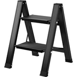 Trapladder, 2 treden inklapbaar aluminium vouwtrap, trapladder met breed anti-slip pedaal, draagbare vouwladder, opvouwbaar, huishoudelijk opstap, lichte staande ladder tot 150 kg, zwart