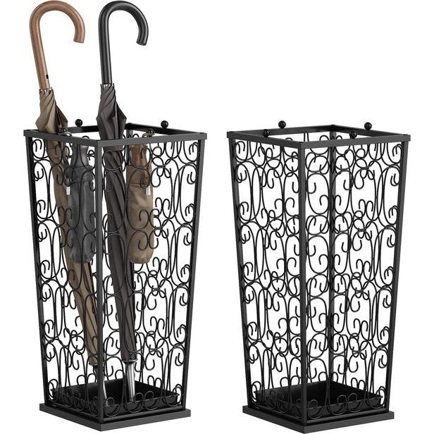 Grote zwarte metalen paraplubak, wandelstok, thuiskantoor, hal, opbergruimte, met 4 haken aan de bovenkant en een bodem die regenwater lekt, 56 x 25 x 25 cm