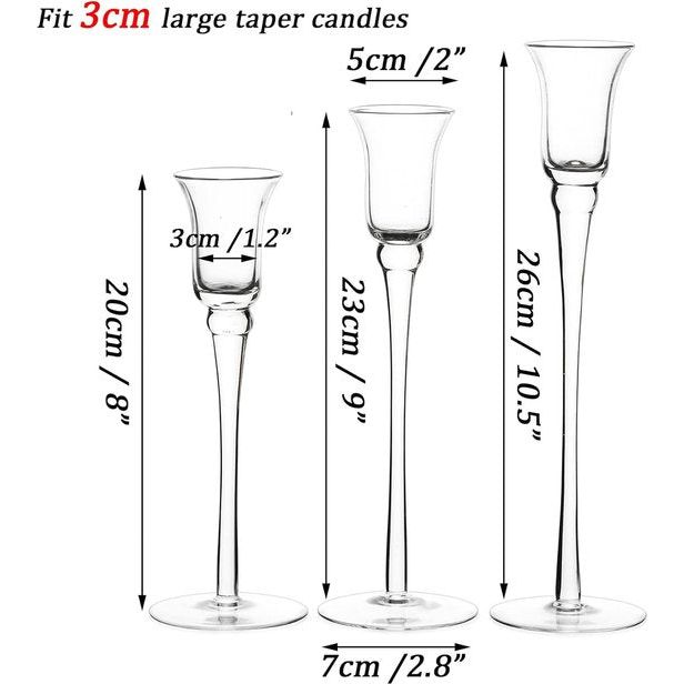 Kandelaar van glas, conische kaarsen, kandelaar – kandelaar van kristalglas, set van 3, hoog, moderne tafeldecoratie, woonkamerdecoratie, bruiloftsfeest, advent, Kerstmis, 20/23/26 cm