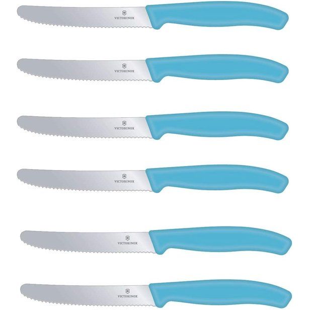 Set van 6 tafelmessen - Keukenmessen - Broodmes Swiss Classic met gekartelde rand - Swiss Made - Limited Edition Caribbean Blue