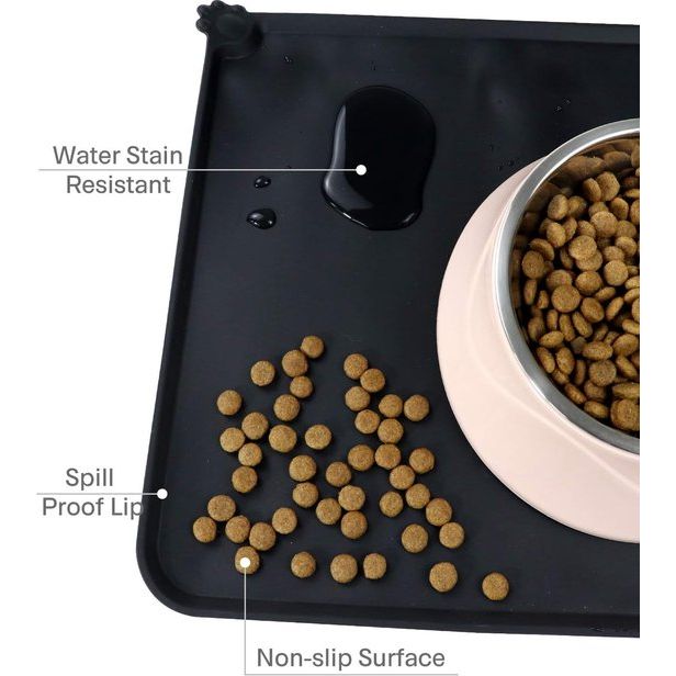 Naponderlegger voor honden en katten, waterdichte en antislip siliconen voerbakonderlegger voor voederbakken, waterbak, voermat 53 x 37 cm, zwart