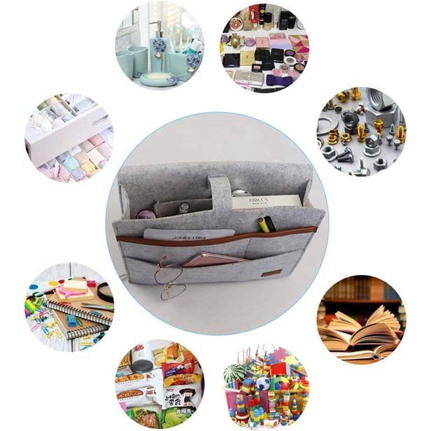 vilten bedcaddy organizer om op te hangen, nachtkastje, tas, bankbed, dik vilt met kabelsgaten, antislip, voor boek, tijdschriften, iPad, mobiele telefoon, afstandsbediening (grijs)