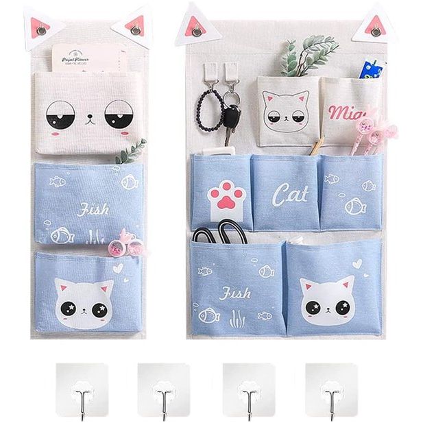 2 stuks opbergtassen voor aan de muur, hangende organizer, opvouwbaar, 7 vakken en 3 vakken, met kleefhaken, voor sleutels, speelgoed, afstandsbedieningen, boeken, cosmetica