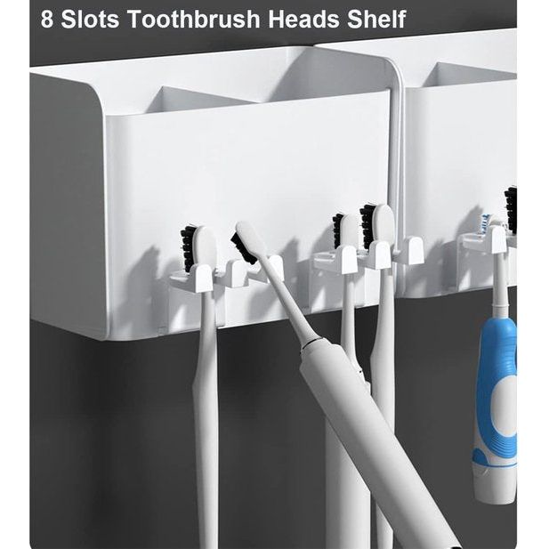 Tandenborstelhouder, zelfklevende tandenborstelhouder, 4 kopjes + 8 opbergvakken voor tandenborstelkoppen