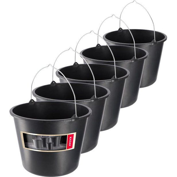 Set van 5 bouwemmers van kunststof, 12L - mortelemmer voor bouwplaats, tuin, cementemmer - stabiele emmer met handgreep, mortelbak, wateremmer met gietrand, poetsemmer, zwart - Set van 5