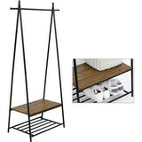 Garderobestandaard, kledingrek, garderobe met schoenenrek, metalen frame, in de hal, woonkamer en veranda, retro industrieel wasrek, 64 cm x 41 cm x 162 cm, retrobruin-zwart