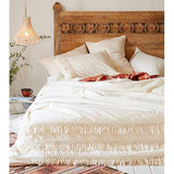 Bohemian beddengoed, 135 x 200 cm, katoen, beige/wit, met kwastjes, decoratie, boho-stijl, 1 dekbedovertrek en 1 kussensloop 80 x 80 cm, met ritssluiting