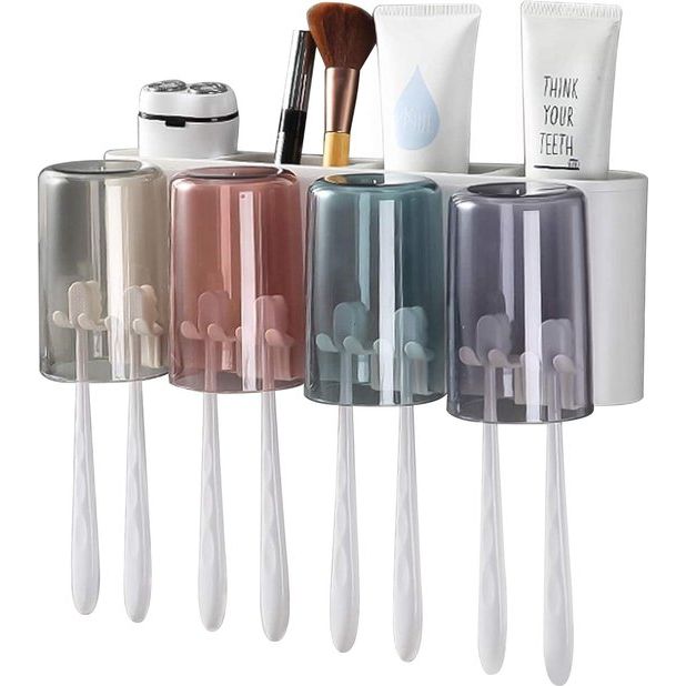 Tandenborstelhouder voor muur, kunststof tandenborstelbeker, tandenborstelhouder, zonder boren, geschikt voor kinderen en gezinnen (wit) (4 bekers)