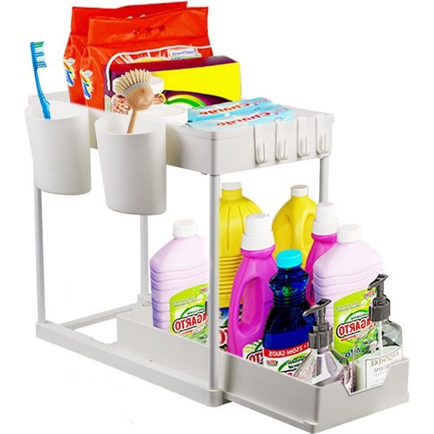 Wastafelrek, 2 verdiepingen keukenrek, organizer, multifunctioneel opbergrek, onderkast, spoelkastrek, afneembaar, badkamerorganizer, 40 x 22 x 33 cm (wit)