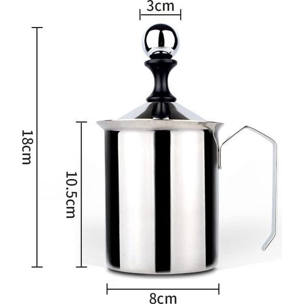 500 ml roestvrij staal dubbel gaas melkopschuimer handgemaakt, 8 x 8 x 18 cm, perfect melkschuim Dankzij dubbele zeef en speciaal drukmechanisme