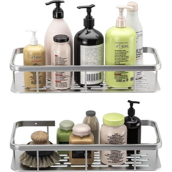 No-Drilling Shower Caddy, 2 stuks badkamerplank, ruimte aluminium roestvrij badkamerplank, zelfklevende douchemand voor badkamer toilet keuken, doucheplank met 4 haken, zilver, 30cm