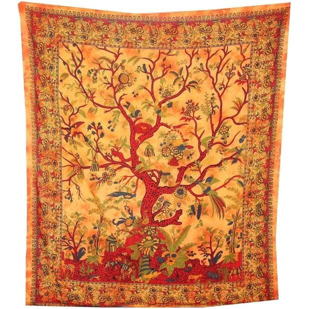 Indiase wandhanger, motief: levensboom, oranje, 230 x 205 cm, meerkleurig, vogels, bloemen, katoen, stijl tie-dye Indiase wandhanger, ontwerp: levensboom, oranje, 230 x 205 cm, veelkleurig, vogels, bloemen, katoen, tie-dye stijl.