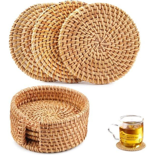 Rotan onderzetters set van 6 handgemaakte geweven bekeronderzetters met houder, ronde natuurlijke rotan bekermatten voor drankjes, theekopjes, placemats, geweven bekermat