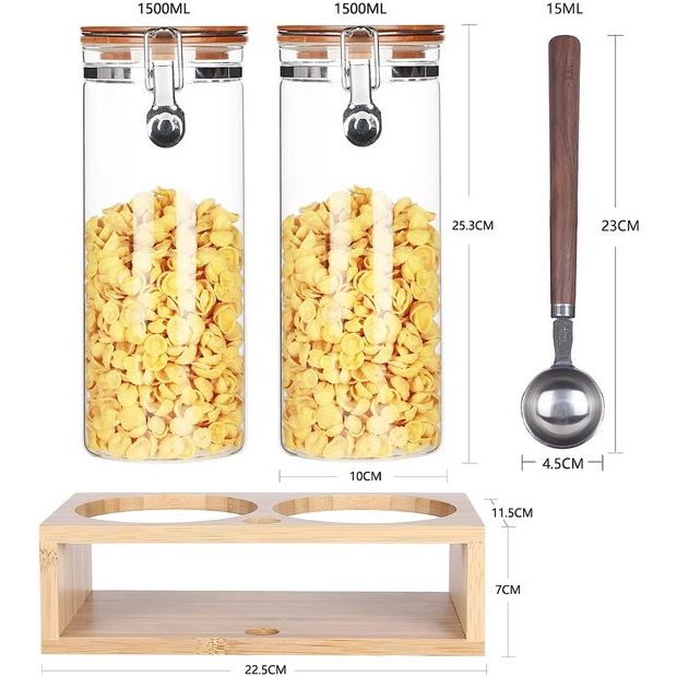 Glazen container met deksel, luchtdichte beugelsluiting, voorraadpotten, borosilicaatglas, voorraaddozen voor koffie, bonen, suiker, muesli, noten, koekjes, bewaren, 1500 ml, 2 stuks bamboe rek en lepel