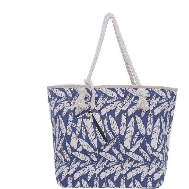Grote strandtas met ritssluiting 58 x 38 x 18 cm verenopdruk shopper schoudertas strandstijl, blauw