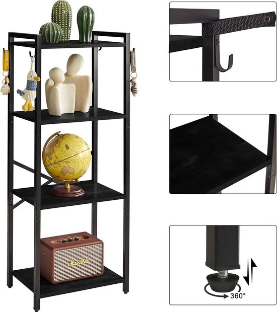 Boekenrek, 4 verdiepingen opbergrek, plantenrek, opbergrek met stalen frame, voor woonkamer, kantoor, werkkamer, hal, industriële stijl, zwart