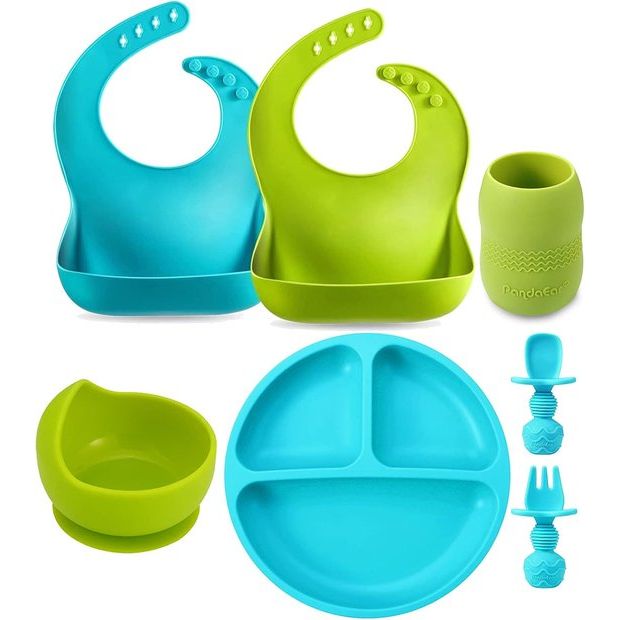 Babybestekset, kinderservies, set van 2 siliconen babyslabbetjes met opvangschaal, 1 kinderbord met zuignap, 1 babykom zuignap, 1 drinkbeker voor baby's, kindervork