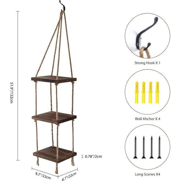 3-laags bruin hangrek, houten rek, wanddecoratie, display en opslag, plantenrek, zwevend rek voor woonkamer, slaapkamer, keuken, badkamer, rustiek jute touwrek, hangend