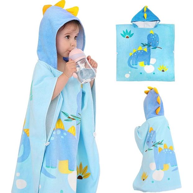 Badponcho met capuchon, voor kinderen, strandhanddoek met capuchon, cartoon, absorberend, strandhanddoek, kinderbadhanddoek met capuchon voor strand, zwemmen, douche, Dinosaurus 2, 58*58cm