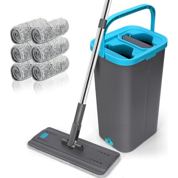 Set dweil met emmerspinner, platte dweil, natte en droge emmer, 140 cm, verstelbare handgreep voor vloerreiniging - 6 microvezelpads (grijs)