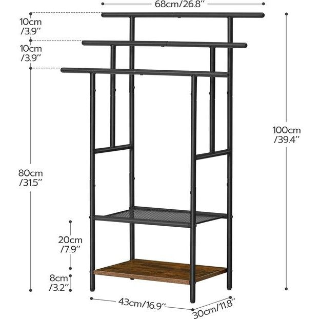 Hand Towel Rail Standing with 3 Towel Rails Bath Towel Holder 2 Open Shelves Space Saving Dark Brown/Black