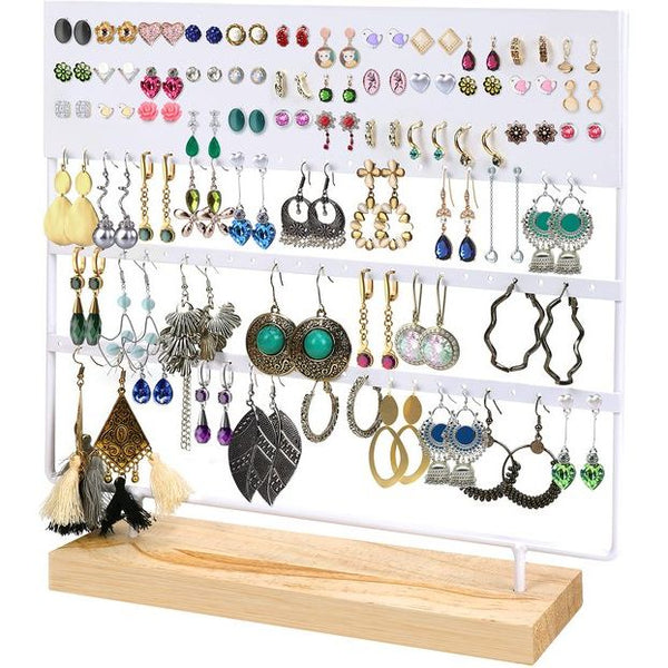 Belle Vous Wit Metalen Oorbel Organizer Sieraden Display Standaard met Houten Basis - 144 Gaten, 3 Lagen - Opslag Voor Hangende Oorbellen, Kettingen & Knopjes Houder Rek Voor Dames & Meisjes