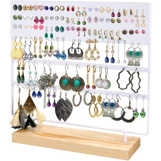 Belle Vous Wit Metalen Oorbel Organizer Sieraden Display Standaard met Houten Basis - 144 Gaten, 3 Lagen - Opslag Voor Hangende Oorbellen, Kettingen & Knopjes Houder Rek Voor Dames & Meisjes