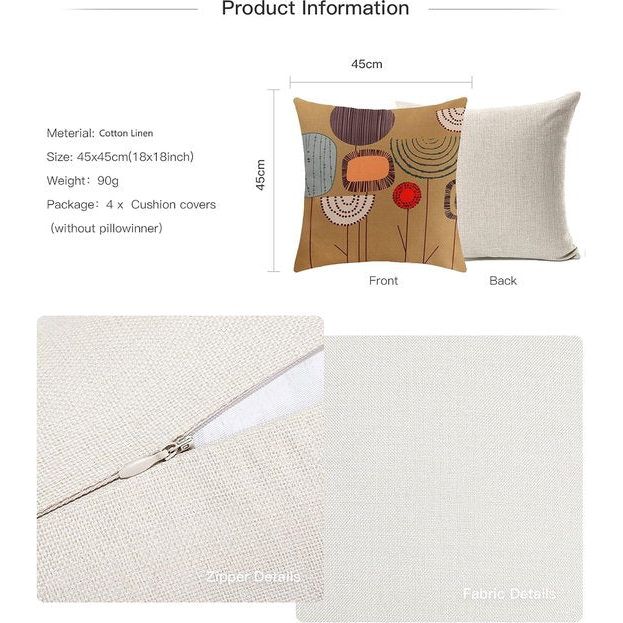 Kussensloop 45 x 45 cm, boho-kussenslopen, set van 4, decoratieve kussenslopen voor bank, kantoor, auto, slaapkamer, thuis, decoratie (bloemen-linnen)