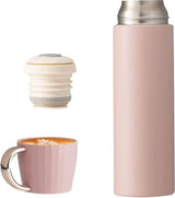 Thermosfles 500 ml, thermoskan met beker, termosflessen, roestvrij staal, thermoskan, koffie & thee, lekvrije waterfles, dubbelwandige thermosfles voor kantoor, outdoor, reizen (roze)