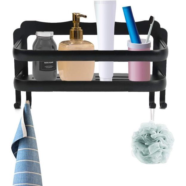 Doucheplank zonder boren Douchemand met haken, zelfklevende badkamerplank met lijm, badkamerplank, badkamerorganisator, doucheplank, wandgemonteerde plank voor badkamer, zwart
