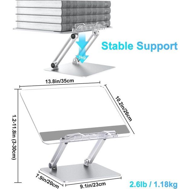 Boekenstandaard, aluminium en acryl kookboek-leesstandaard, verstelbare en opvouwbare boekenhouder, ook compatibel met laptops en tablets