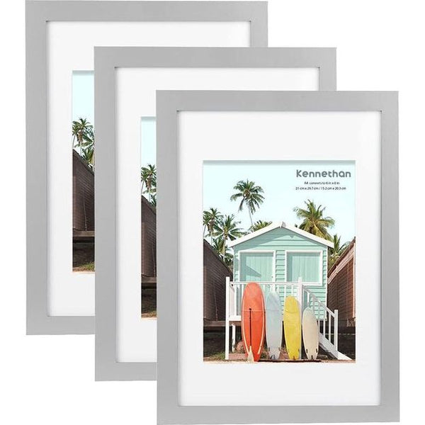 100% echt houten fotolijst grijs A4 set van 3 - met passe-partout 15 x 20 cm, fotolijst met acrylglas om op te hangen en neer te zetten