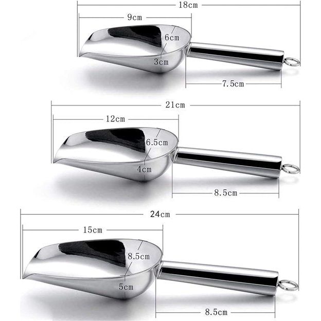 IJsschep, 3-delige set, roestvrij staal, afweegschep, meelschep, voederschep, zakschep, vulschep voor keuken, bar, buffet, feest, tuin, veelzijdig en vaatwasmachinebestendig, 3/5/8 oz