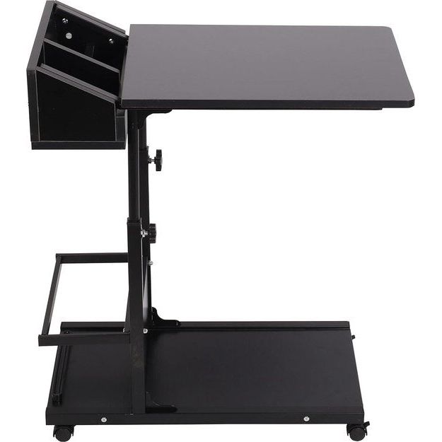 hoogte verstelbare C-vormige bijzettafel met wieltjes, veelzijdige salontafel, verzorgingstafel laptoptafel met opslag, mobiel nachtkastje voor slaapkamer, houten plaat, zwart