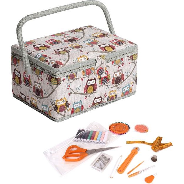 Exclusieve voorgevulde naaidoos, ambachtelijke opbergdoos met 94-delige naaisetje inbegrepen, 18,5 x 25,5 x 14,5 cm, Uil