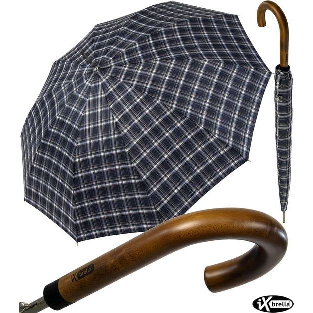 Men's Automatic Umbrella with Real Wood Round Hook Handle, Check Blue, Umbrella XXL automatic