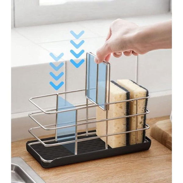 Sponshouder keuken, spoelbakorganizer zwart, 304 roestvrij stalen wastafel, opbergrek verstelbare plaat, zeepbakje met haak om op te hangen, lekbak