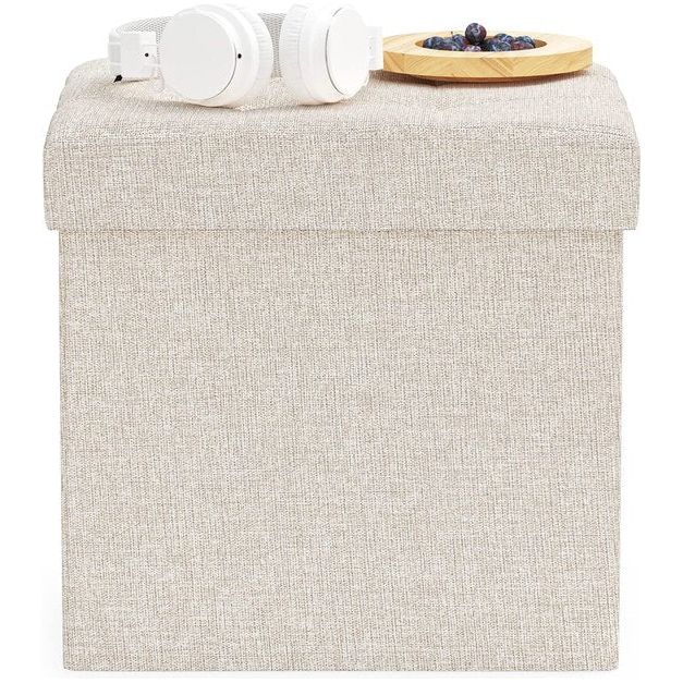 Kruk met opbergruimte, poef, kruk, opbergdoos, zitblok, inklapbaar, zitbank, gestoffeerd, zitkist, bank, ottoman fabric bekleding, stoel voor hal, kantoor, make-uptafel, eohnkamer, slaapkamer, beige